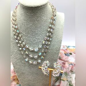 Vintage Austrian Crystal Beaded Layered Necklace and Clip Earrings